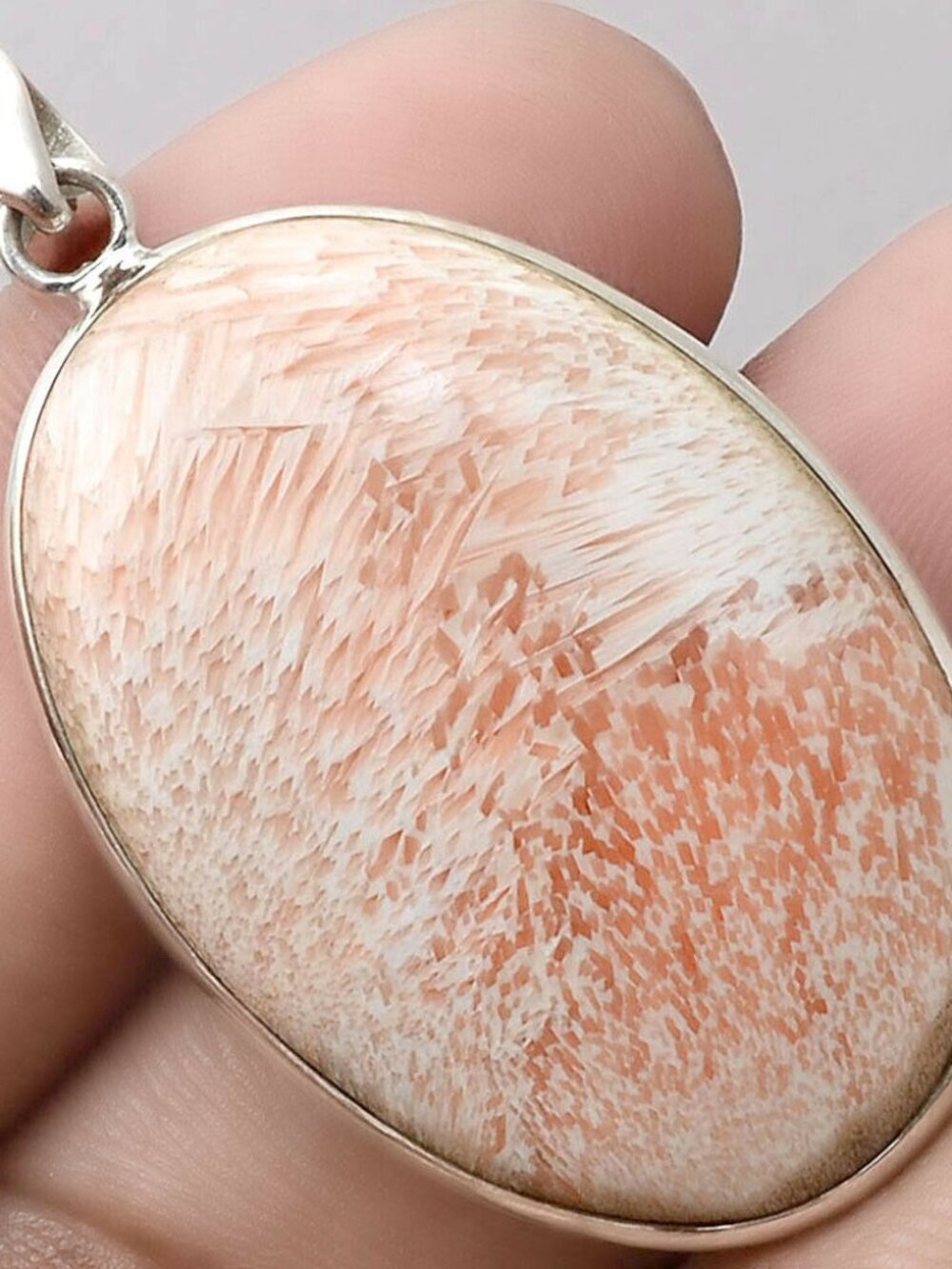 New - Orange/White Scolecite 925 Sterling Silver Pendant - Includes a Chain